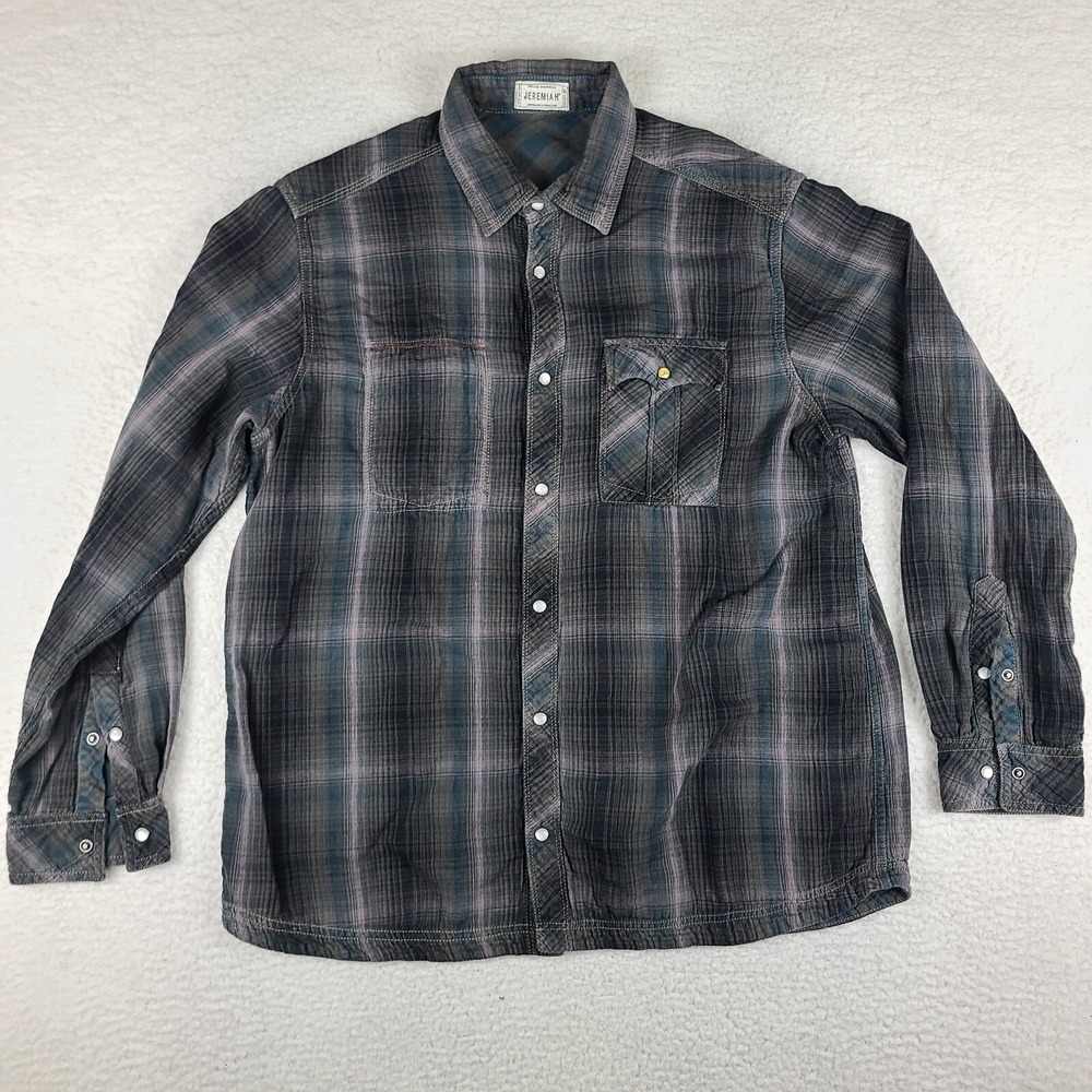 Jeremiah Flannel Shirt L Dark Gray‎ Blue Plaid Vintage Workweak Snap Button Down